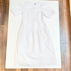 Old Navy WhitePuff Sleeve textured tiered Midi Dress Sz XS w/ pockets & button